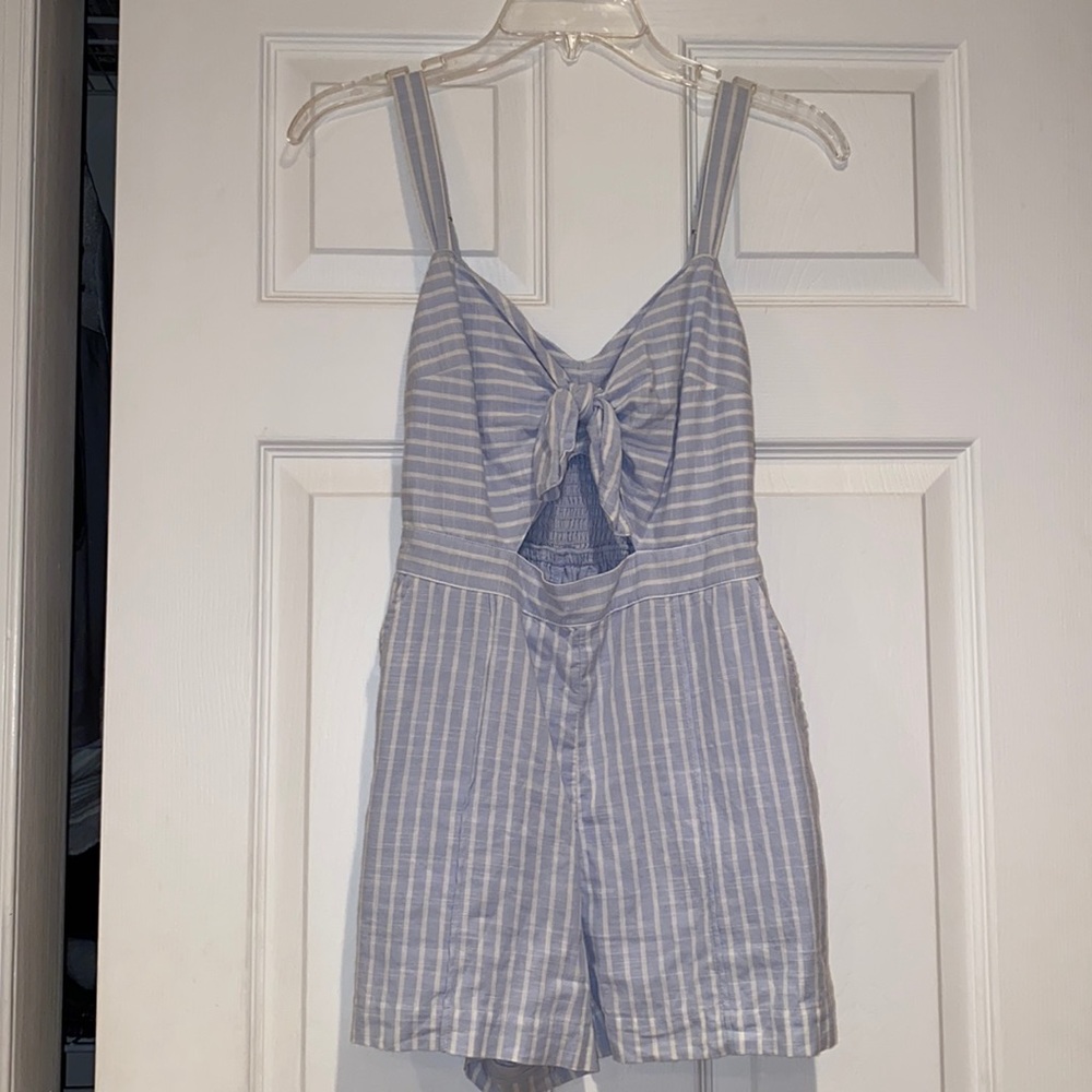 Abercrombie blue and white pinstripe cutout romper
